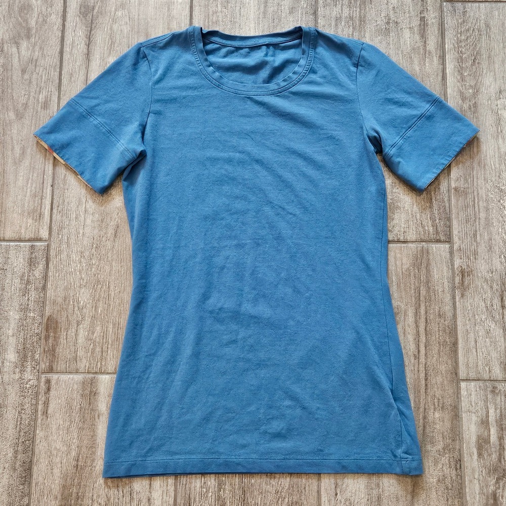 Burberry Check Cuff T-Shirt Size S Blue Crew Neck Cotton Stretch Slim Fit Preppy